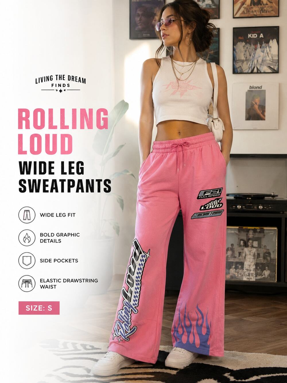 Rolling Loud Women's Pink Graphic Wide Leg Sweatpants Size S Lounge Pants